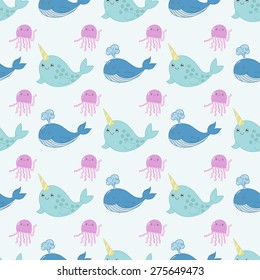 Cute funny seamless pattern with cartoon jellyfish, whale and narwhal. Best for textures, wallpaper or scrapbooking. Childish vector illustration