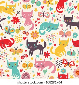 Cute funny seamless pattern with cats and butterflies