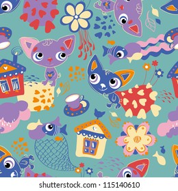 Cute funny seamless pattern with cats and fish
