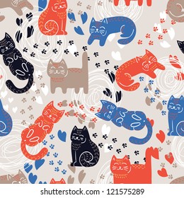 Cute funny seamless pattern with cats