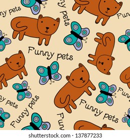 Cute funny seamless pattern with cats and butterflies.