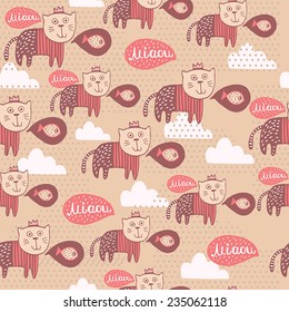 Cute funny seamless pattern with cats and clods