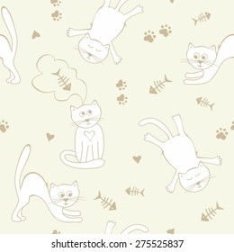 Cute funny seamless pattern with cats, fish skeleton and cat's trace