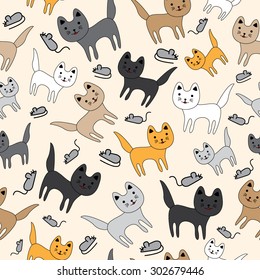 Cute funny seamless pattern with cats and mouse