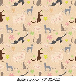 Cute funny seamless pattern with cats and flower