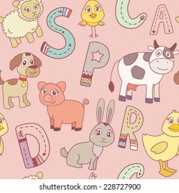 Cute funny seamless pattern with farm animals and alphabet letters. Vector background