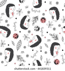 Cute, funny seamless pattern with hedgehogs and ladybirds. Awesome forest concept background for romantic design