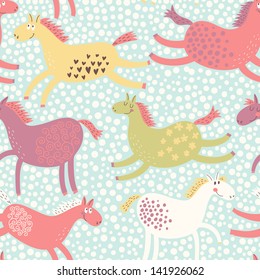 Cute funny seamless pattern with horses. Vector background with running pony. Birthday decoration. Children's bedroom wallpaper design. Freedom concept card.