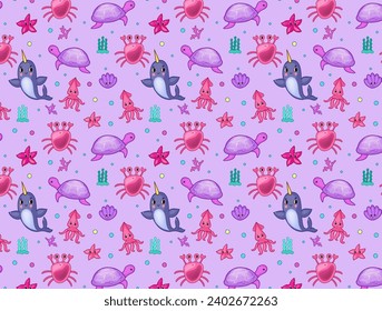 Cute funny seamless pattern with marine animals narwhal, turtle, crab, starfish, squid. For childrens texstile Set vector cartoon doodle 3d illustration.