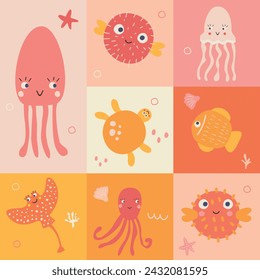 Cute funny seamless pattern with marine animals vector illustration