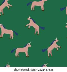 Patrón lindo y divertido sin costuras con unicornios rosas sobre fondo verde. Diseño infantil de fondo vectorial para vestidos, textiles, papel pintado, papel de diseño, etc.