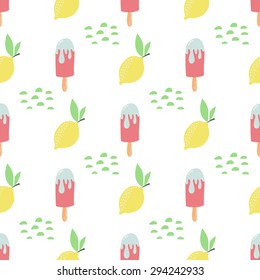 Cute funny seamless pattern with summer fruit and ice cream, pineapple, lemon, watermelon, strawberries. Best for textures, wallpaper, wrapping, scrapbooking. Beautiful romantic summer background