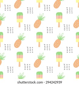 Cute funny seamless pattern with summer fruit and ice cream, pineapple, lemon, watermelon, strawberries. Best for textures, wallpaper, wrapping, scrapbooking. Beautiful romantic summer background