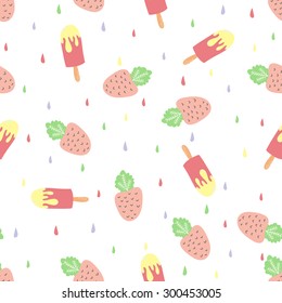 Cute funny seamless pattern with summer strawberries, lemon, ice cream, watermelon. Best for textures, wallpaper, wrapping, scrapbooking. Beautiful romantic summer background