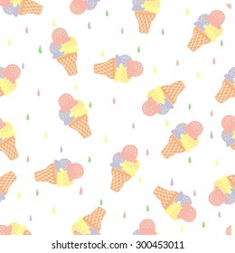 Cute funny seamless pattern with summer strawberries, lemon, ice cream, watermelon. Best for textures, wallpaper, wrapping, scrapbooking. Beautiful romantic summer background