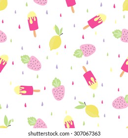 Cute funny seamless pattern with summer strawberries, lemon, ice cream, watermelon. Best for textures, wallpaper, wrapping, scrapbooking. Beautiful romantic summer background