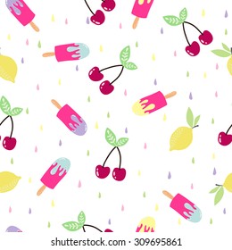 Cute funny seamless pattern with summer strawberries, lemon, ice cream, watermelon. Best for textures, wallpaper, wrapping, scrapbooking. Beautiful romantic summer background