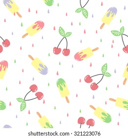 Cute funny seamless pattern with summer strawberries, lemon, ice cream, watermelon. Best for textures, wallpaper, wrapping, scrapbooking. Beautiful romantic summer backgroun