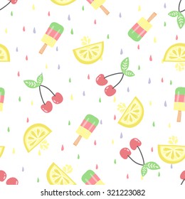 Cute Funny Seamless Pattern With Summer Strawberries, Lemon, Ice Cream, Watermelon. Best For Textures, Wallpaper, Wrapping, Scrapbooking. Beautiful Romantic Summer Backgroun