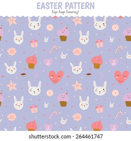 Cute funny seamless pattern with sweet cupcakes, bunny, hearts, stars, ribbons, lollipops. Best for textures, wallpaper, wrapping, scrapbooking. Lovely romantic Easter background in vector