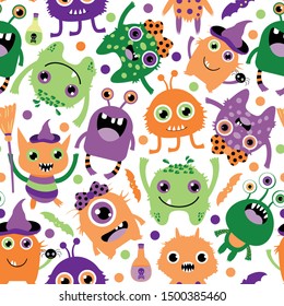 Cute and funny seamless vector pattern with silly Halloween monsters in purple, green and orange colors