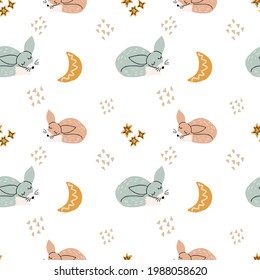 Cute funny seamless vector pattern with sleepy foxes, moons and stars. Infantile style nursery Art with colorful fennec foxes ideal for Fabric, Textile. Hand drawn modern illustration in Boho colors.