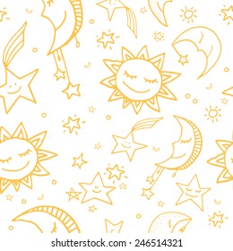 Cute and funny seamless vector space pattern with sun, moon and stars. 