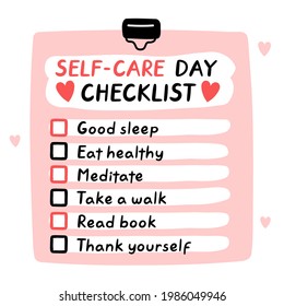 Cute funny self-care day checklist, to do list, checklist. Vector hand drawn cartoon kawaii character illustration icon. Day of Self-care checklist sticker, card, poster concept