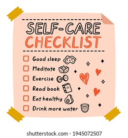 Cute funny self-care to do list, checklist. Vector hand drawn cartoon kawaii character illustration icon. Self-care checklist  sticker, card, poster concept