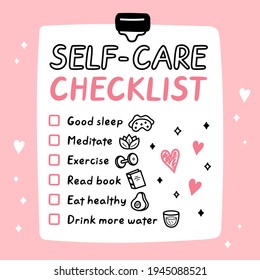 Cute funny self-care to do list,checklist.Vector hand drawn cartoon kawaii character illustration icon.Cute Self-care checklist  sticker,card,poster concep.List,note,exercise,love,woman,lady,relax