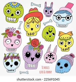 Cute and funny set of cartoon illustration skulls. Cute colorful Halloween set