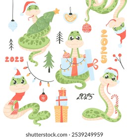 Cute funny set of Christmas elements and snakes. Symbol of the Chinese New Year, a snake in a santi hat, garlands, Christmas tree decorations and gifts under the tree. Year of the Snake