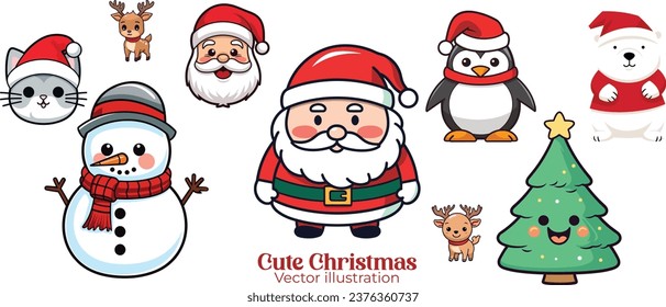 Cute Funny Set Collection for Kids Christmas Party: Santa Claus, Snowman, Reindeer, Cat, Polar Bear, Tree, Penguin Vector Illustration