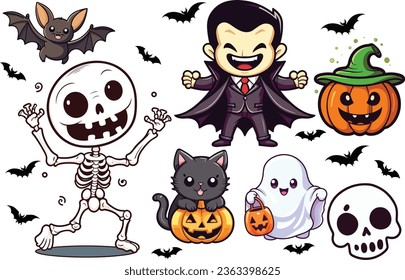 Cute Funny Set Collection of Vampire, Dracula, Skeleton, Skull, Cat, Pumpkin, Witch Hat, Bat Silhouette Vector Illustration for Halloween Kids Party
