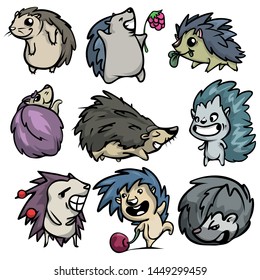 Cute funny set of hedgehog character in different actions