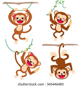 Cute funny set of monkeys plying hanging on branches and lianas