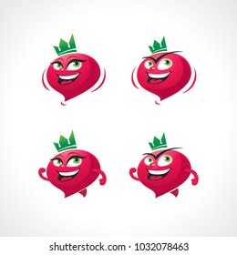 Cute and funny set of radish. Cartoon characters with smile
