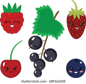 Cute and funny set of vector berries. Strawberry, raspberry, blueberry, cherry, black currant.