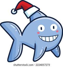 Cute and funny shark wearing santa's hat
