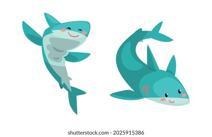 Cute Funny Sharks set, Amusing Sea Animal with Smiling Faces Cartoon Vector Illustration
