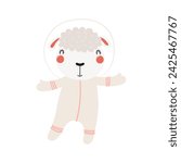 Cute funny sheep astronaut in space suit cartoon character illustration. Hand drawn animal, Scandinavian style flat design, isolated vector. Kids print element, space adventure, travel, science