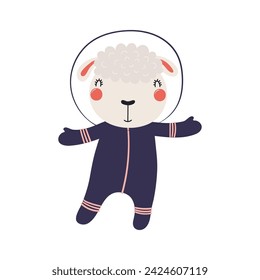 Cute funny sheep astronaut in space suit cartoon character illustration. Hand drawn animal, Scandinavian style flat design, isolated vector. Kids print element, space adventure, travel, science