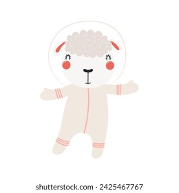 Cute funny sheep astronaut in space suit cartoon character illustration. Hand drawn animal, Scandinavian style flat design, isolated vector. Kids print element, space adventure, travel, science