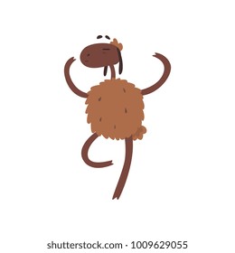 Cute funny sheep character standing on two legs with closed eyes cartoon vector illustration