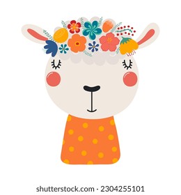 Cute funny sheep in floral wreath, t-shirt. Hand drawn cartoon character illustration. Scandinavian style flat design, isolated vector. Kids print element, flower crown, summer blooms, blossoms
