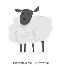 Cute funny sheep with a fluffy white fur. Domestic farm animal. Adorable lamb. Isolated vector illustration in cartoon style