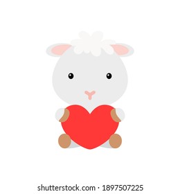 Cute funny sheep with heart on white background. Cartoon animal character for congratulation with St. Valentine day, greeting card, invitation, wall decor, sticker. Colorful vector stock illustration.