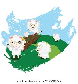 Cute funny sheep jumping over a fence on a green lawn.