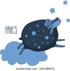 The cute, funny sheep on a cloud surrounded by stars in the image of the zodiac constellation. Aries. Vector graphics. 