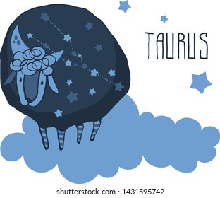 The cute, funny sheep on a cloud surrounded by stars in the image of the zodiac constellation. Taurus. Vector graphics. Taurus